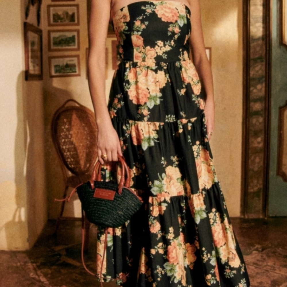 Sezane Floral Strapless Maxi Dress Positano Collection